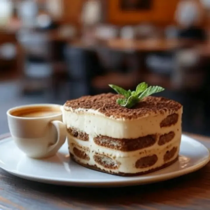 Een glas met klassieke tiramisu, afgetopt met cacaopoeder.