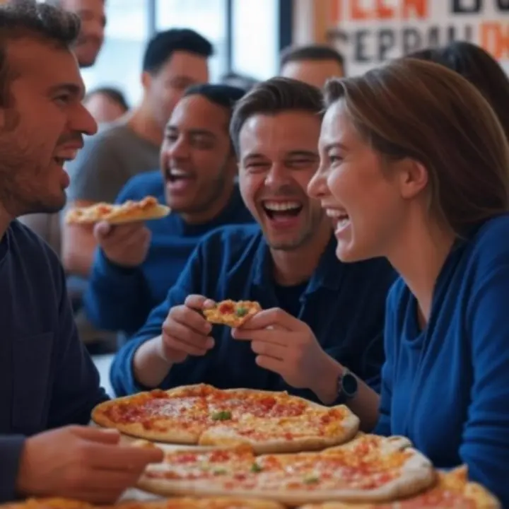 Tevreden gasten die samen pizza eten bij PizzaNeroza