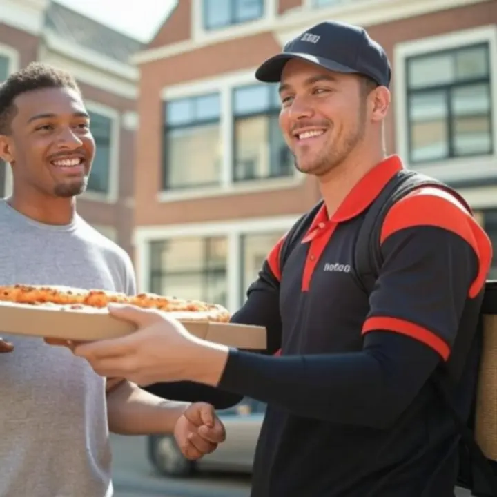 Bezorger op scooter in een Nederlandse stad die pizza bezorgt.