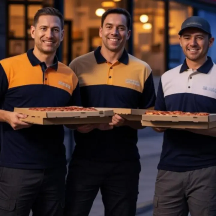 Het vriendelijke bezorgteam van PizzaNeroza met pizzatassen