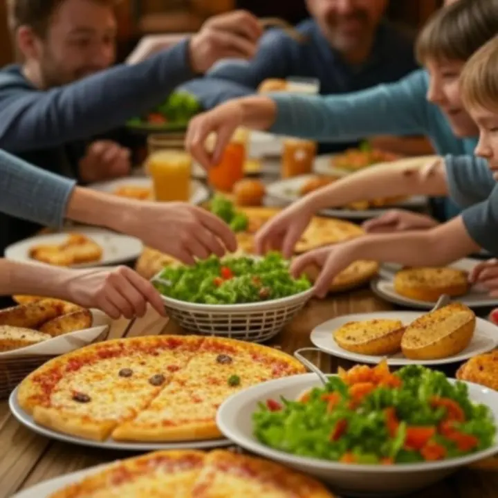 Een royale familie-combo met meerdere pizza's, sides en drankjes op tafel.