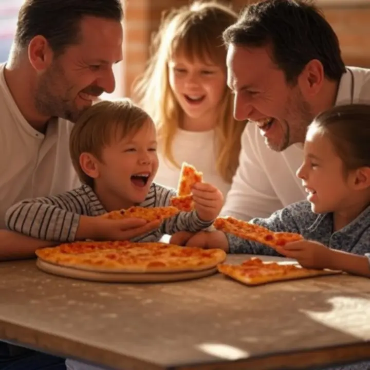 Gezin dat samen pizza deelt aan een gezellige tafel.