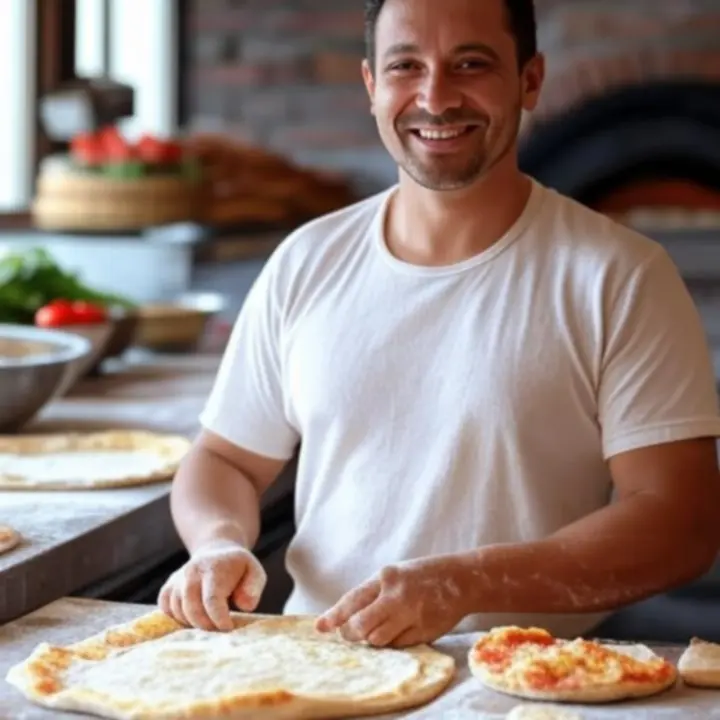 Pizzabakker die een verse pizza bereidt in de keuken van PizzaNeroza