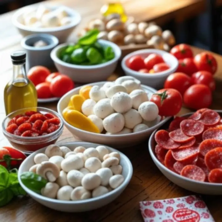 Kleurrijke selectie verse pizza-ingrediënten zoals tomaten, basilicum en groente op een houten werkblad