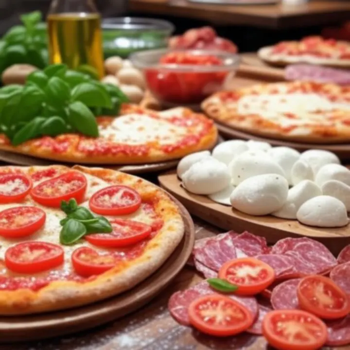 Tafel vol verse ingrediënten zoals tomaten, basilicum, kaas en deeg bij PizzaNeroza