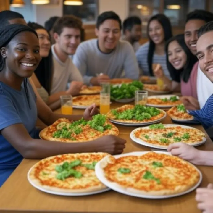Vrolijke gasten die samen pizza eten in een sfeervol restaurant