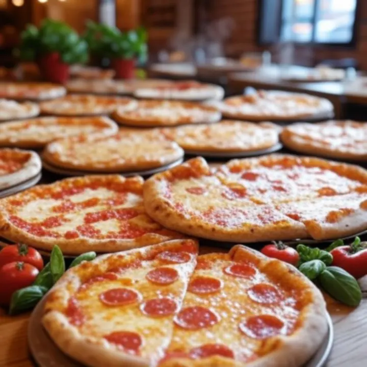 Een tafel vol verse pizza's, verse basilicum en een warme Italiaanse sfeer