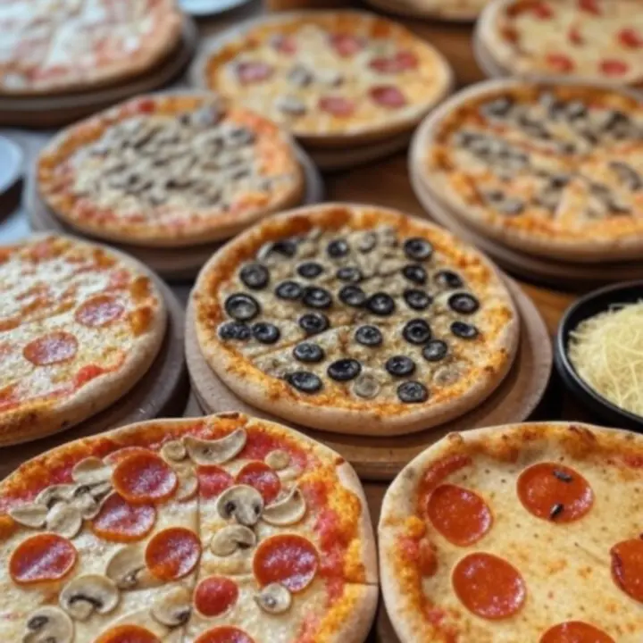Bovenaanzicht van verschillende vers gebakken pizza's op een houten tafel
