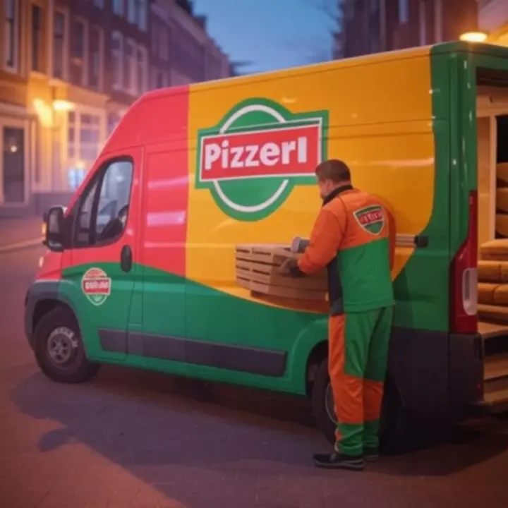 PizzaNeroza bezorgbus met pizzadozen klaar voor levering