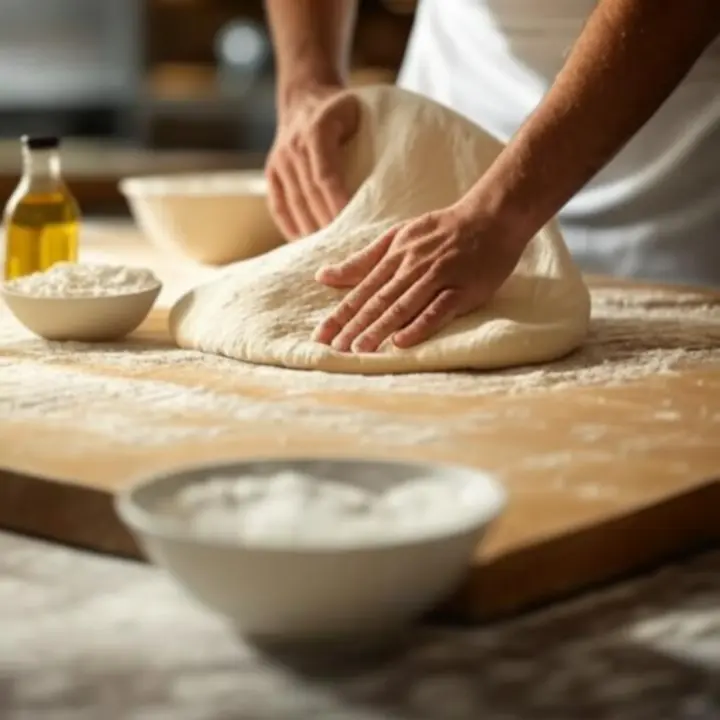 Pizzabakker die vers deeg kneedt en uitrolt op een met bloem bestoven werkblad
