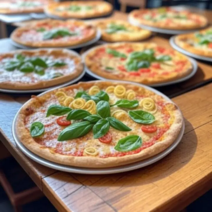 Een rijk gedekte tafel met versgebakken pizza's, dampende schalen en kleurrijke Italiaanse ingrediënten.