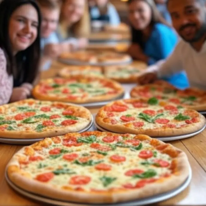 Vrolijke tafel vol pizza's bij PizzaNeroza