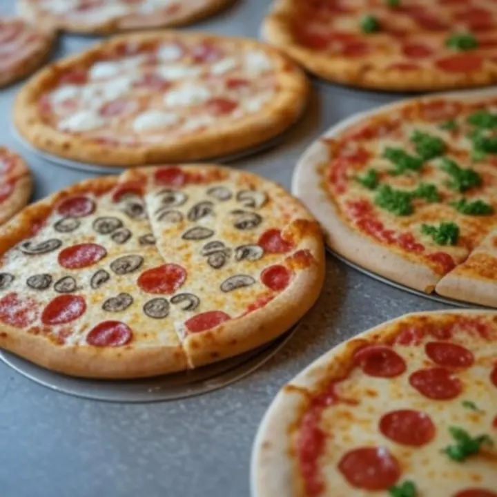 Close-up van verschillende ambachtelijke pizza's met kleurrijke toppings.