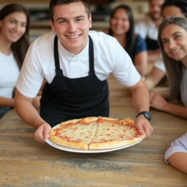 Vriendelijk personeel van PizzaNeroza dat glimlachend gerechten serveert