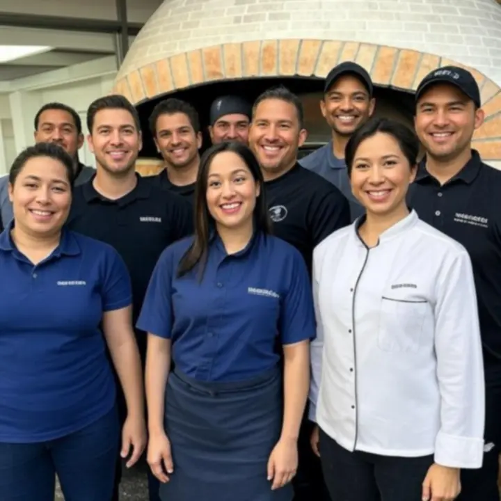 Team van PizzaNeroza met pizzabakkers, bezorgers en gastheren samen in de pizzeria